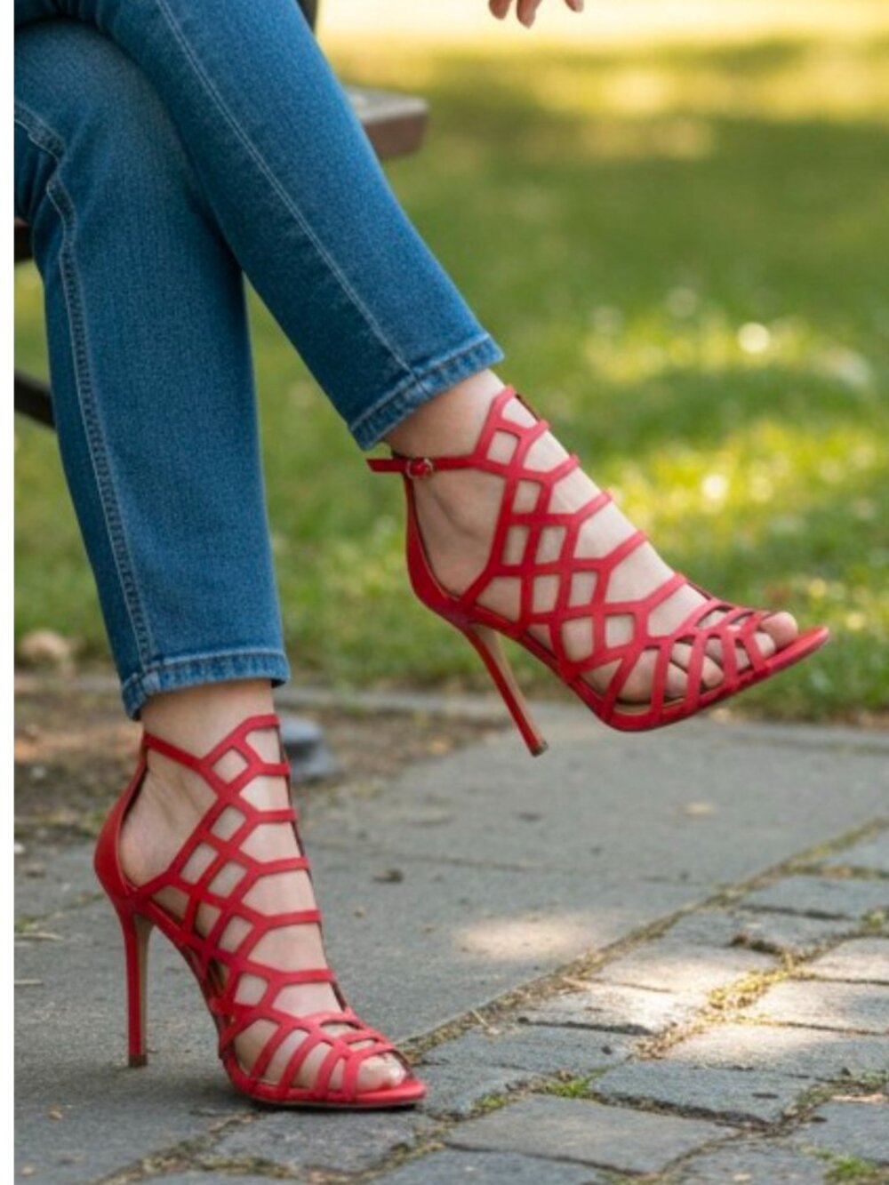 Red Strappy High Heeled Sandals With Cutout Design & Adjustable Buckle Chic Even